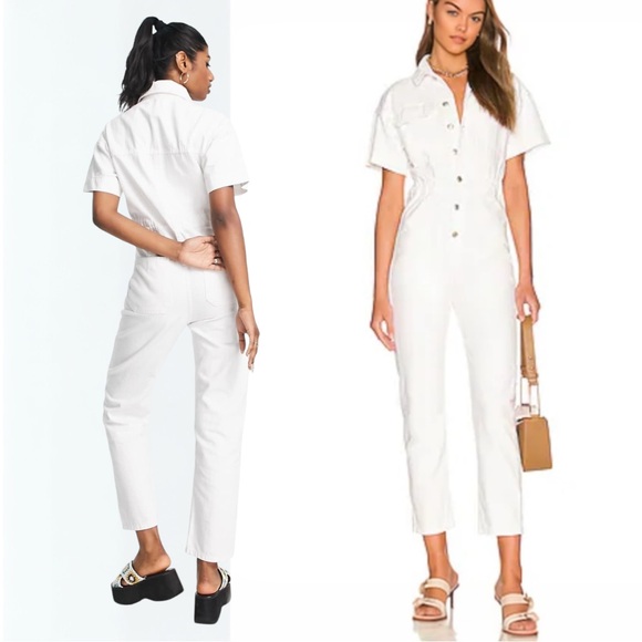 FREE PEOPLE WE THE FREE Marci Button Through Denim Jumpsuit in Optic White, XS - Picture 1 of 13